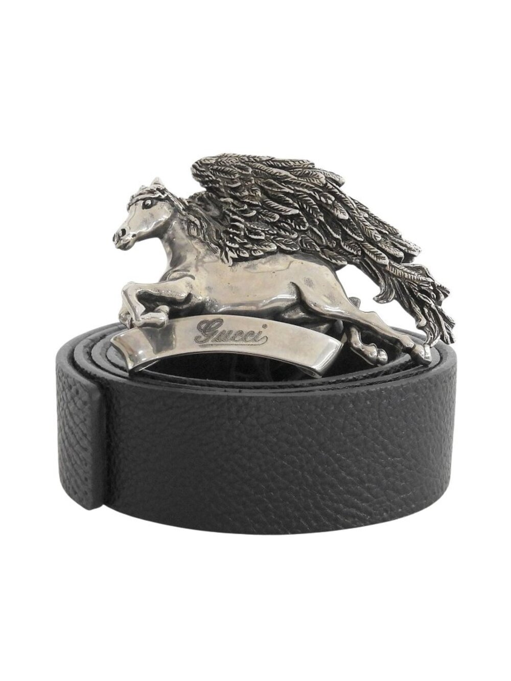 Gucci Pegasus Buckle Leather Belt Black Silver